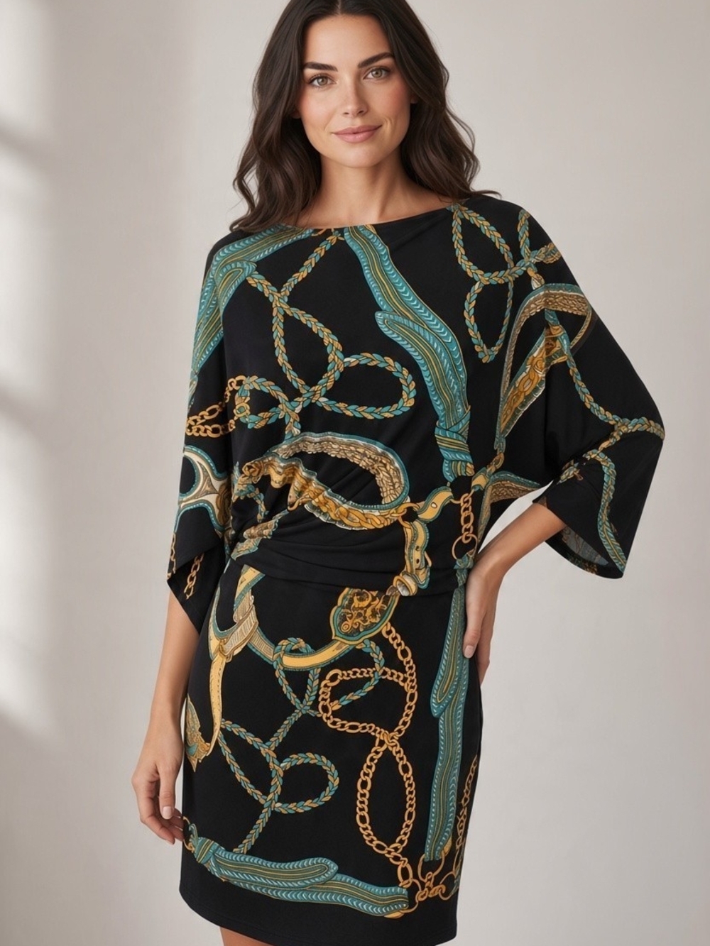 Caché Vintage Y2K Dolman Sleeve Equestrian Barocco Chain Scarf Dress Medium